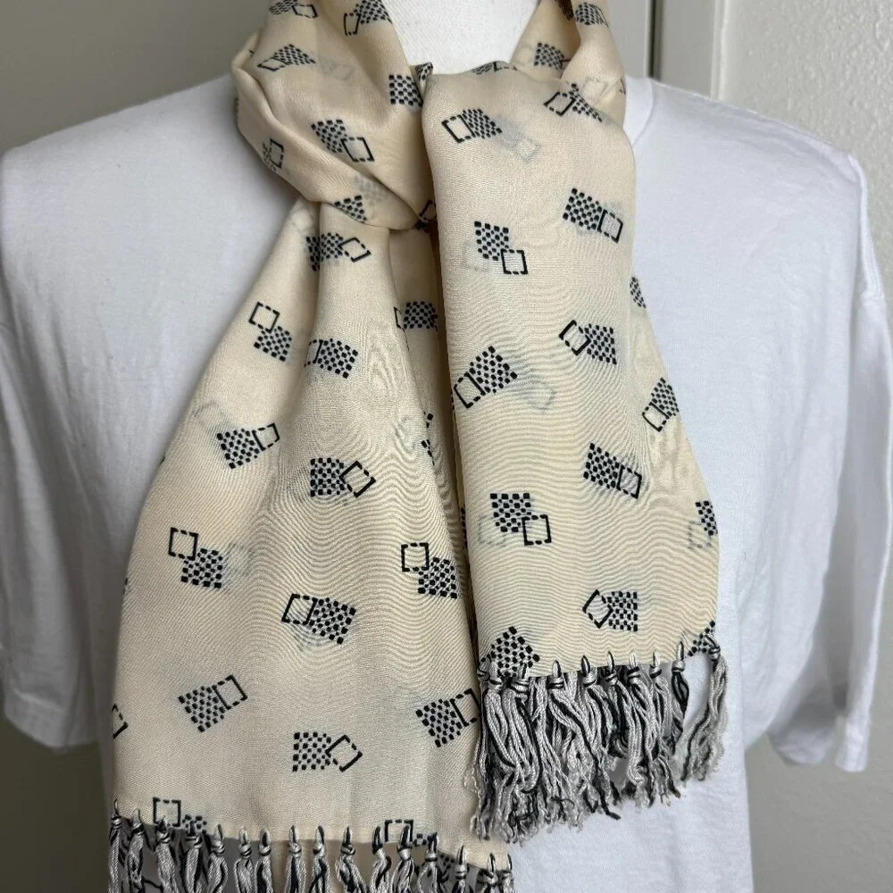 Vintage Ivory & Black Double Scarf Fringe
